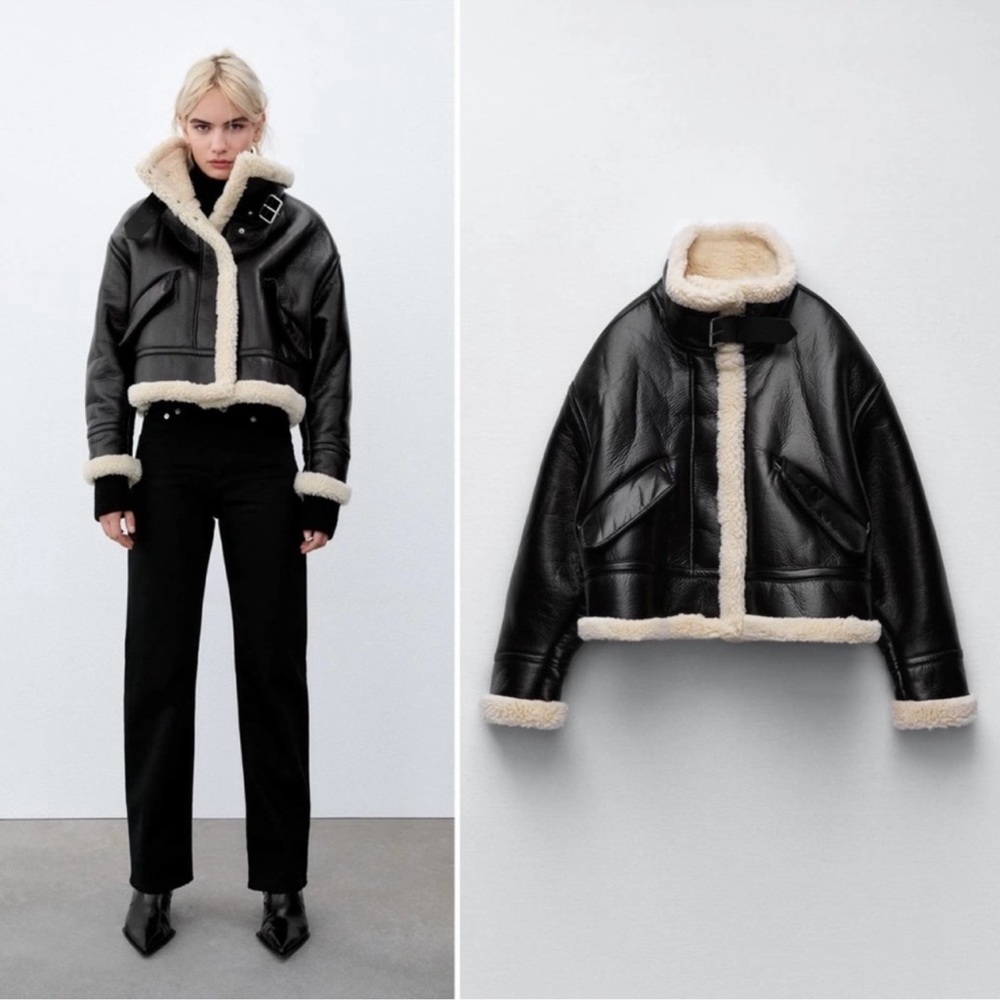 ZARA Black Faux Leather Cream Fleece Lined Sz L